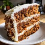Close-up of a moist, three-layer carrot cake recipe slice with thick cream cheese frosting and pecan sides.