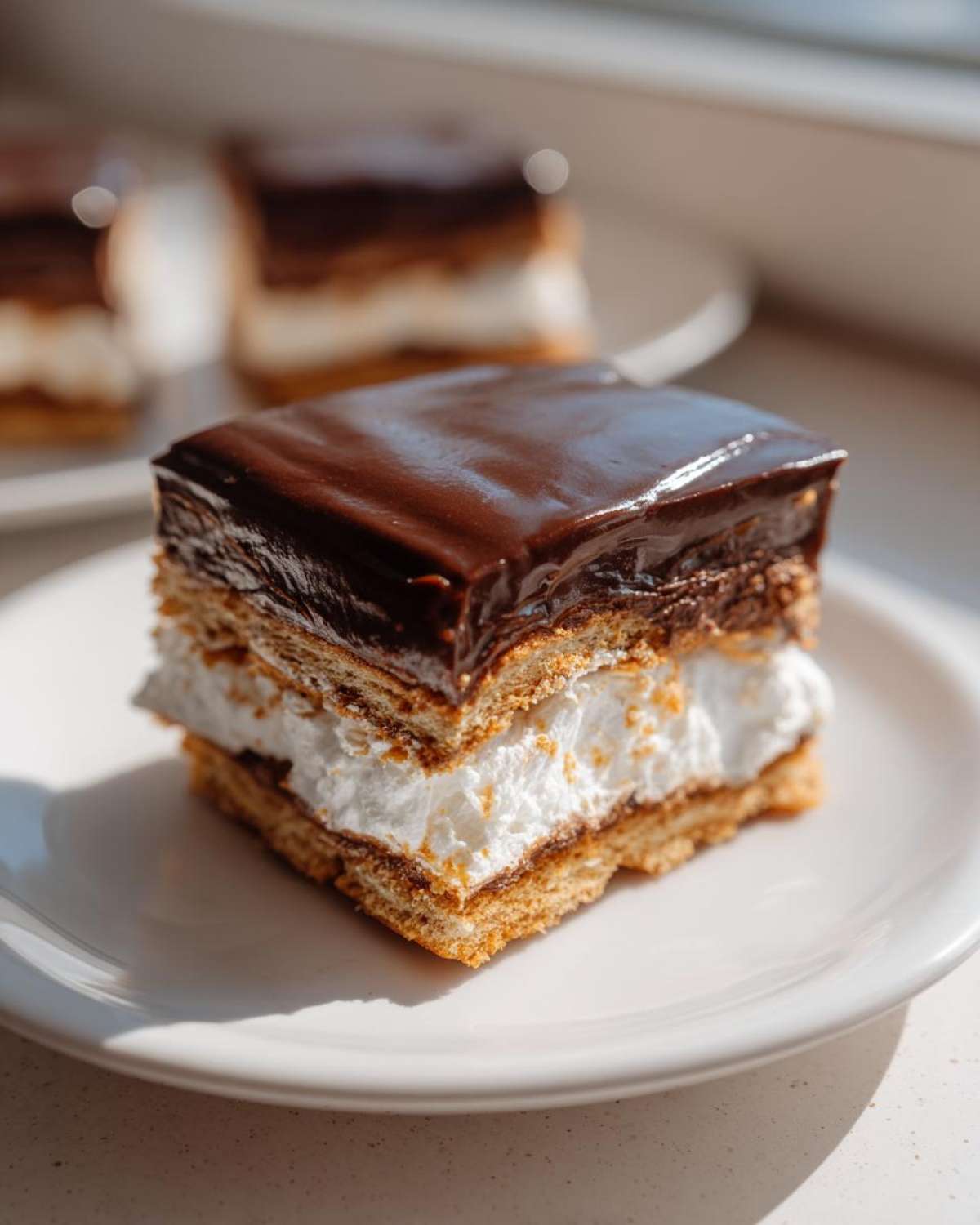 A single serving of delicious eclair cake featuring graham cracker layers, white cream filling, and a shiny chocolate topping.