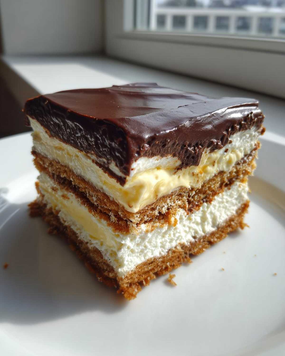 A layered slice of eclair cake featuring graham crackers, vanilla cream, whipped topping, and chocolate glaze.