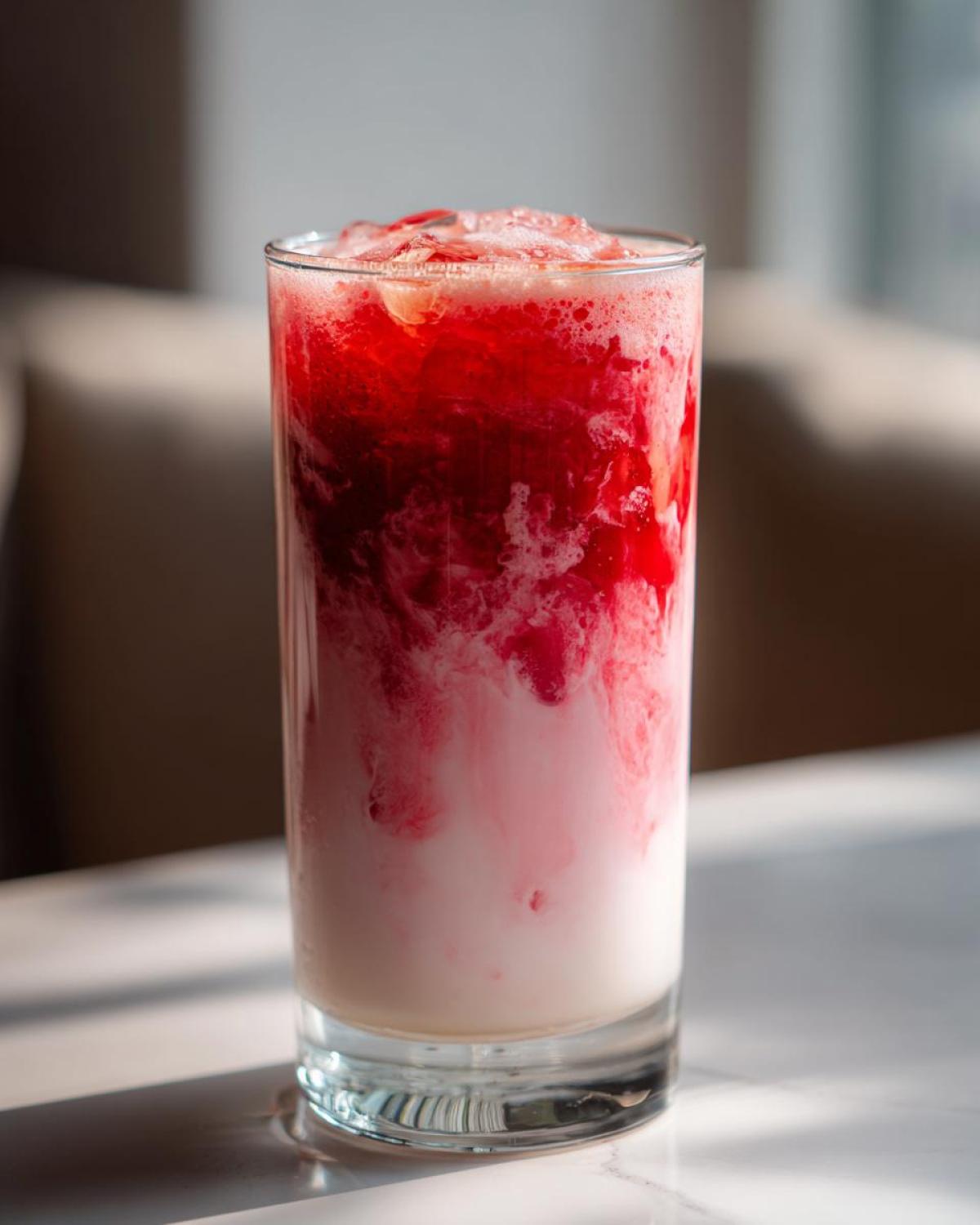 A tall glass showcasing vibrant layers of bright red strawberry syrup mixing into white milk, creating beautiful swirls of strawberry milk.