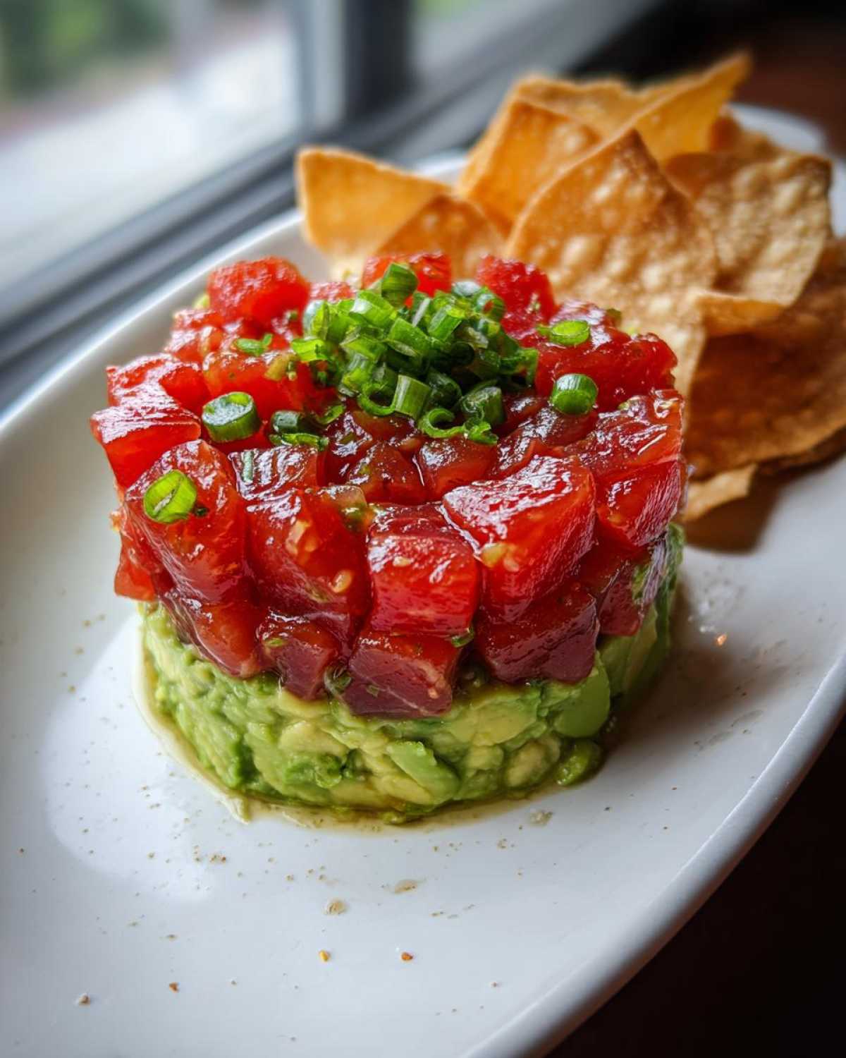 A beautifully plated tuna tartare stack with diced red tuna over mashed avocado, topped with green onions and served with tortilla chips.