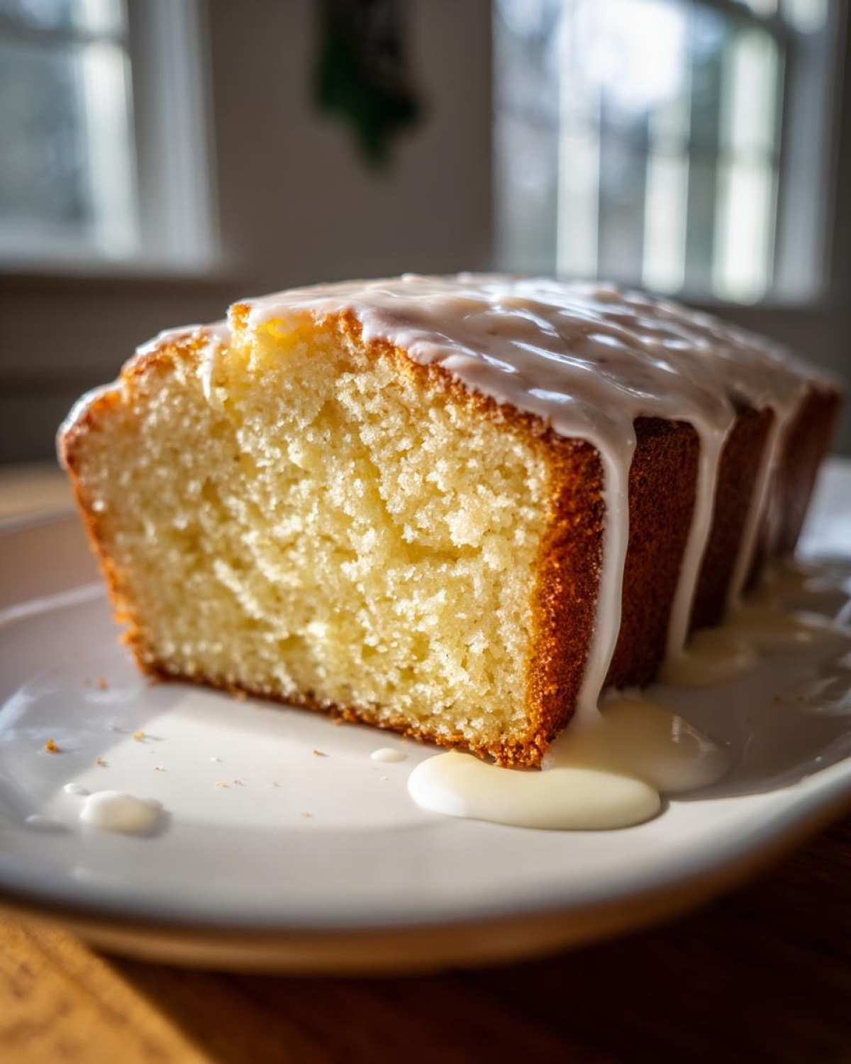 Close-up of a moist slice of lemon pound cake topped with thick white glaze dripping onto a white plate.