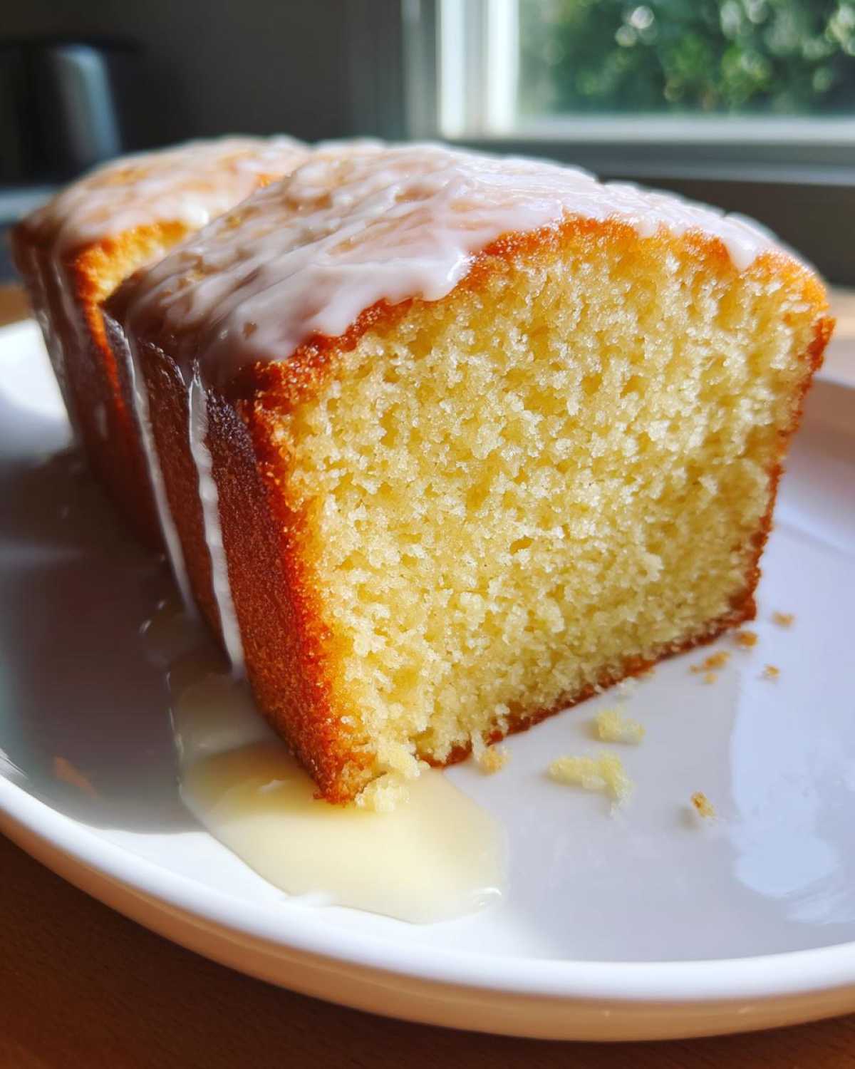 Close-up of a moist slice of lemon pound cake topped with white glaze dripping onto a white plate.