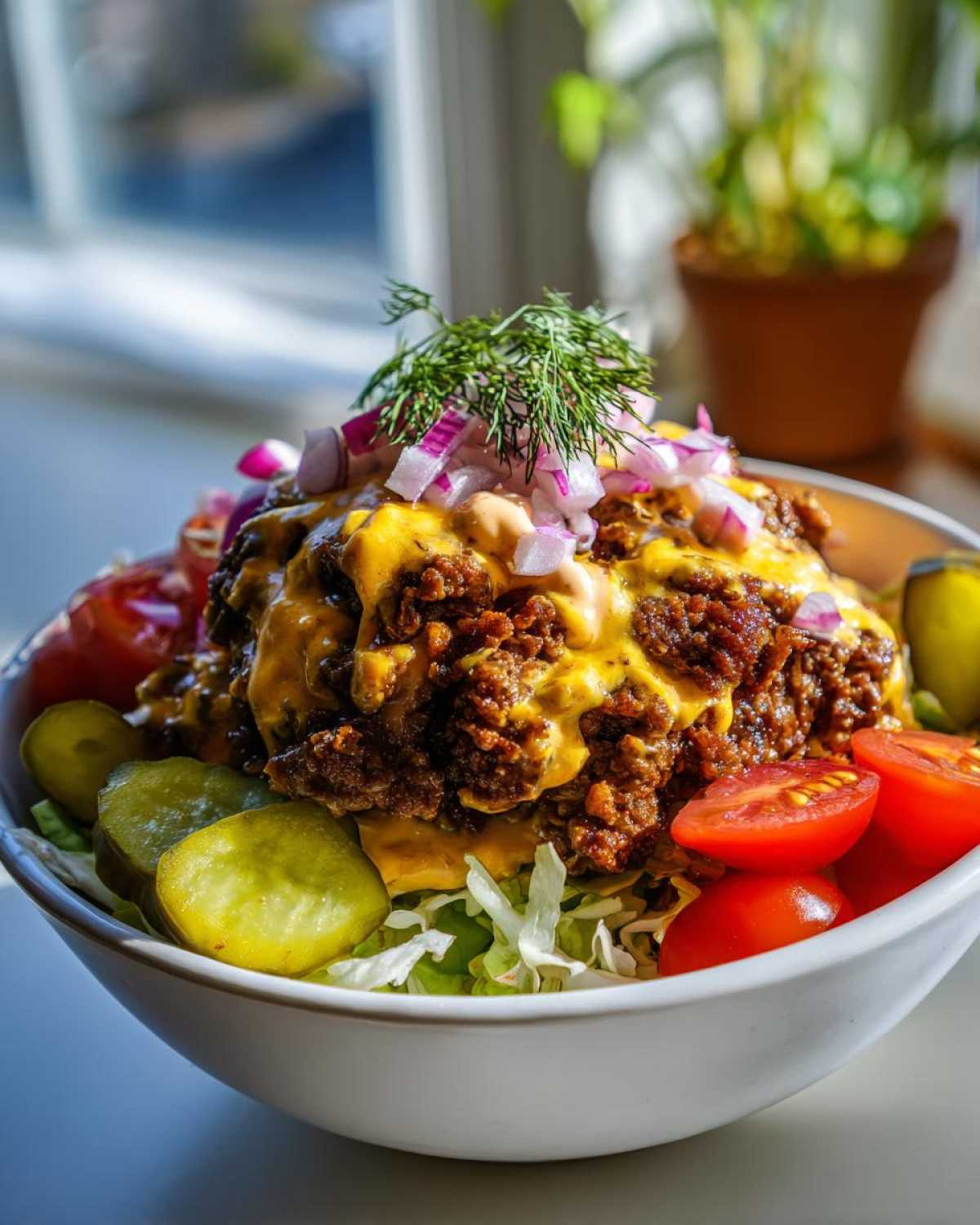 A close-up of a hearty cheeseburger bowl featuring seasoned ground beef, melted cheese, pickles, tomatoes, and red onion.