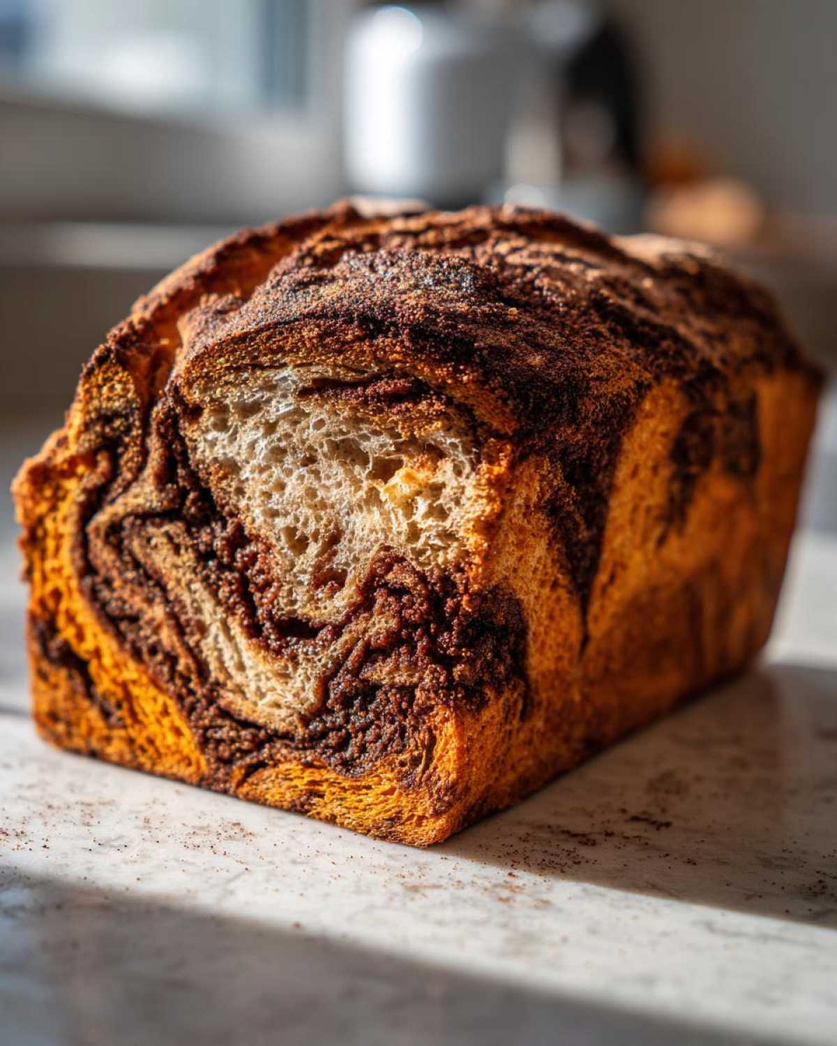 A freshly baked, marbled pumpkin sourdough loaf showing a dark cinnamon swirl pattern inside the golden crust.