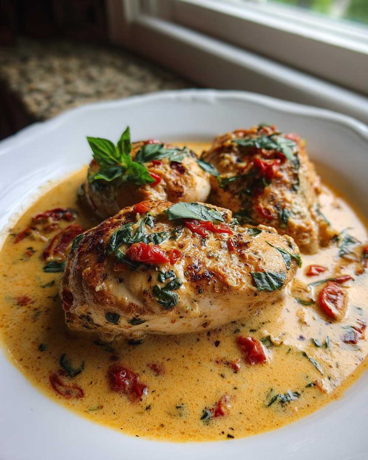 Three pieces of seared Marry Me Chicken breasts swimming in a rich, creamy sauce with sun-dried tomatoes and fresh basil.