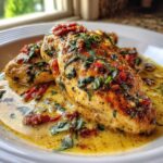 Close-up of pan-seared Marry Me Chicken breasts covered in a rich, creamy sauce with sun-dried tomatoes and fresh basil.