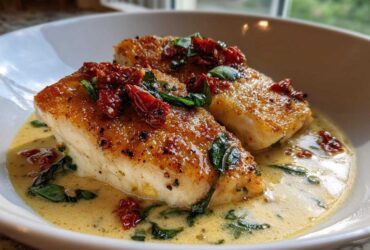 Two pieces of seared chicken breast topped with sun-dried tomatoes and basil in a creamy sauce, resembling Marry Me Chicken.