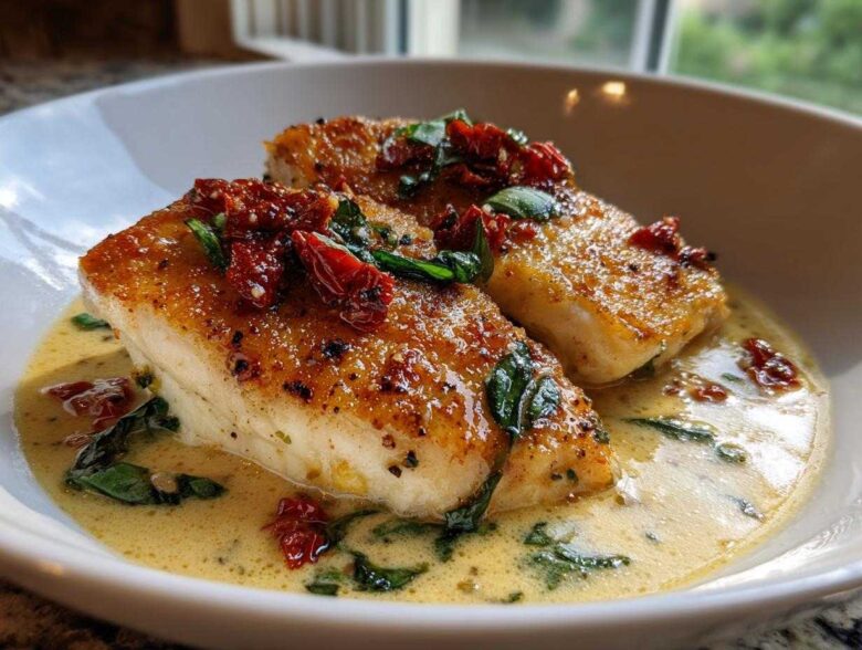 Two pieces of seared chicken breast topped with sun-dried tomatoes and basil in a creamy sauce, resembling Marry Me Chicken.