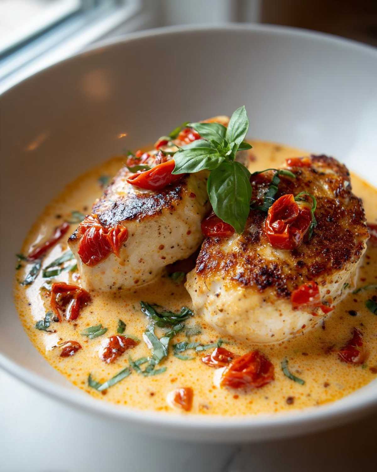 Close-up of two seared chicken breasts smothered in a creamy sauce with sun-dried tomatoes and fresh basil, representing Marry Me Chicken.