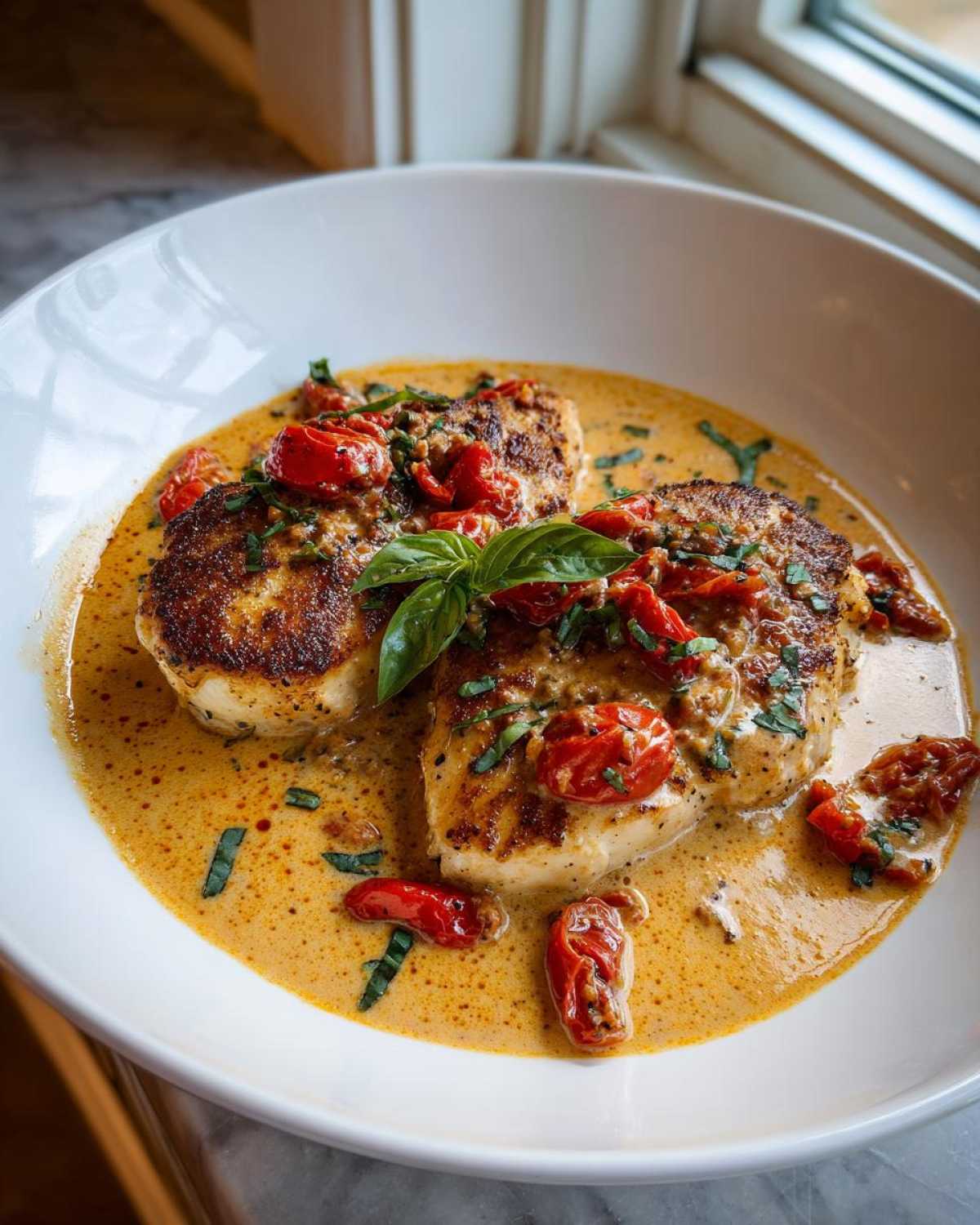 Two seared chicken breasts covered in a creamy, sun-dried tomato sauce, garnished with fresh basil for Marry Me Chicken.