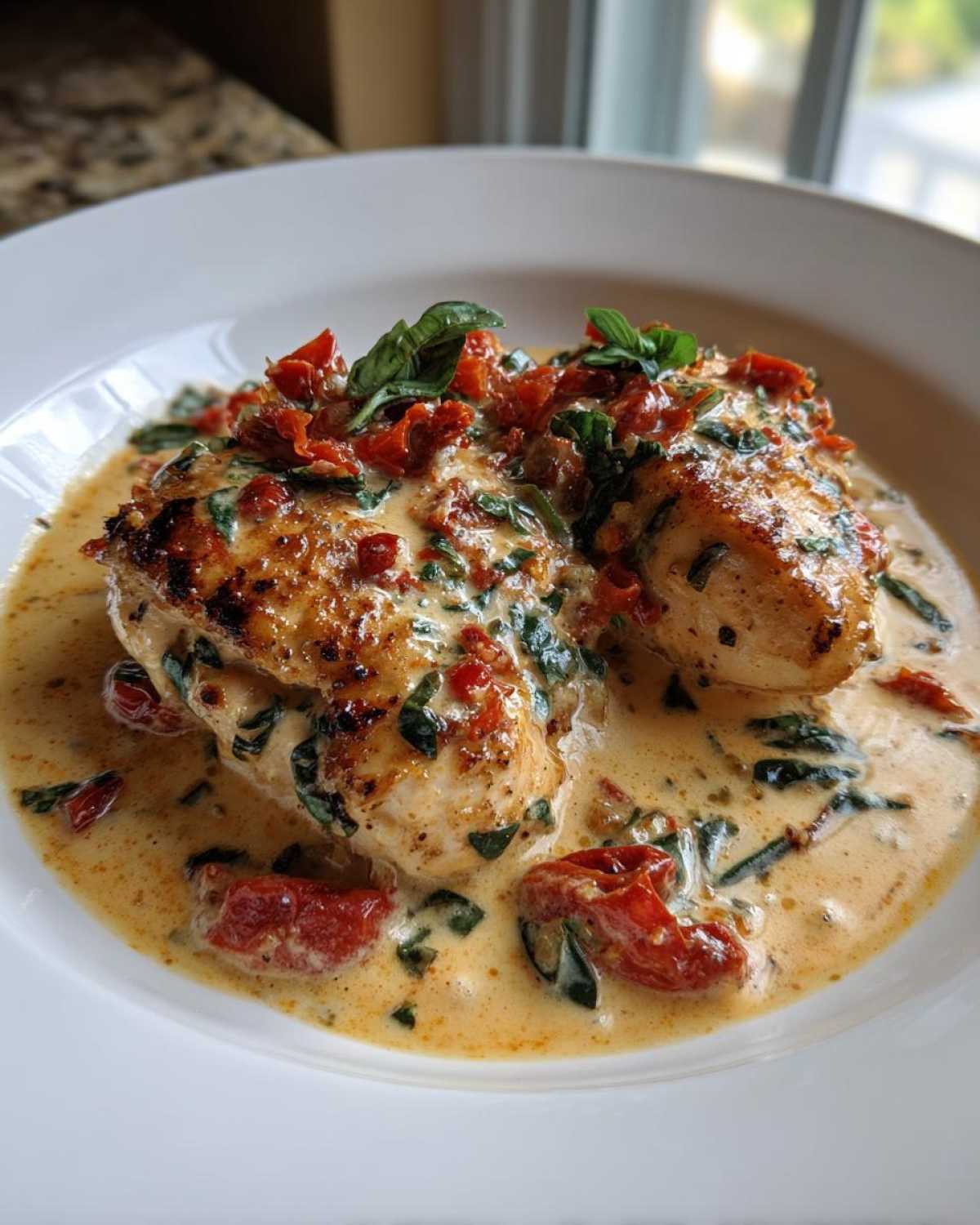 Two pan-seared chicken breasts smothered in a creamy sauce with sun-dried tomatoes and spinach, known as Marry Me Chicken.