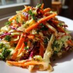 A mound of vibrant cabbage salad featuring shredded carrots, red cabbage, and fresh parsley, served on a white plate.