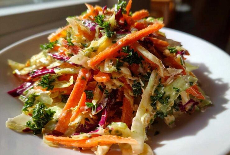 A mound of vibrant cabbage salad featuring shredded carrots, red cabbage, and fresh parsley, served on a white plate.