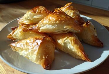 A pile of golden brown, flaky Mediterranean Spinach and Feta Cheese Crisps sprinkled with sesame seeds on a white plate.