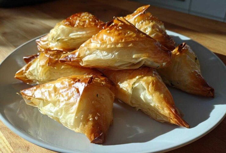 A pile of golden brown, flaky Mediterranean Spinach and Feta Cheese Crisps sprinkled with sesame seeds on a white plate.