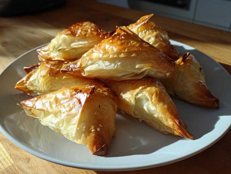 A pile of golden brown, flaky Mediterranean Spinach and Feta Cheese Crisps sprinkled with sesame seeds on a white plate.