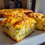 Close-up of moist squares of Mexican cornbread topped with melted cheddar cheese and green onions.