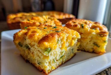 Close-up of moist squares of Mexican cornbread topped with melted cheddar cheese and green onions.