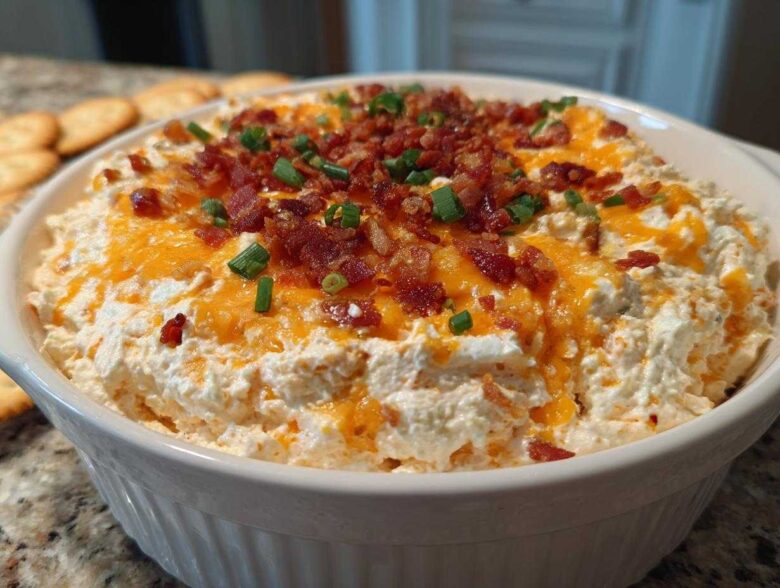 A close-up of creamy Million Dollar Dip topped with melted cheddar cheese, crispy bacon bits, and fresh chives.