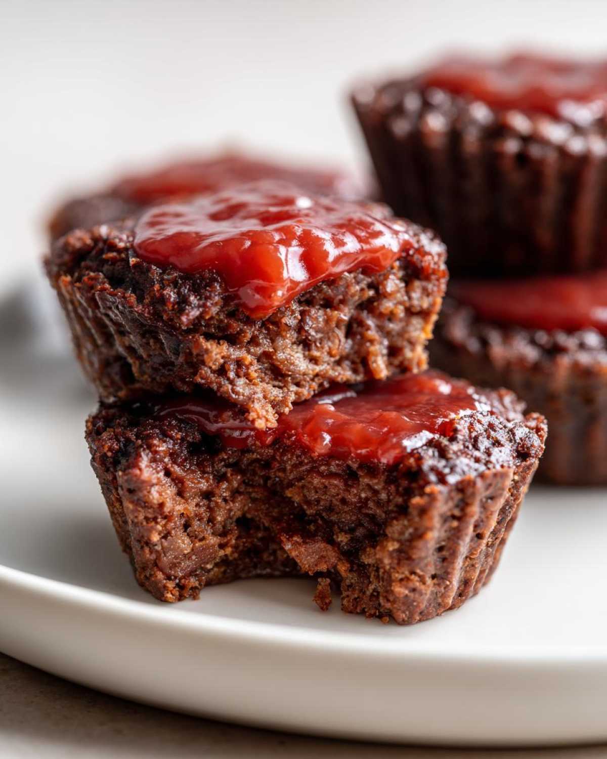 Two stacked mini meatloaf portions showing the moist interior and bright red glaze topping.