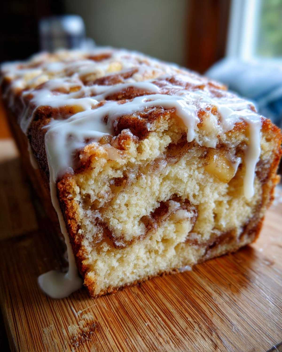 Close-up of a freshly baked apple fritter bread, drizzled generously with white vanilla glaze.