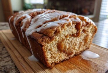 Close-up of a loaf of freshly baked apple fritter bread, drizzled with white vanilla glaze.