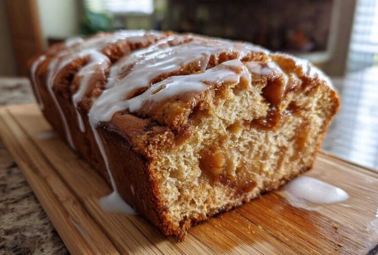 Close-up of a loaf of freshly baked apple fritter bread, drizzled with white vanilla glaze.