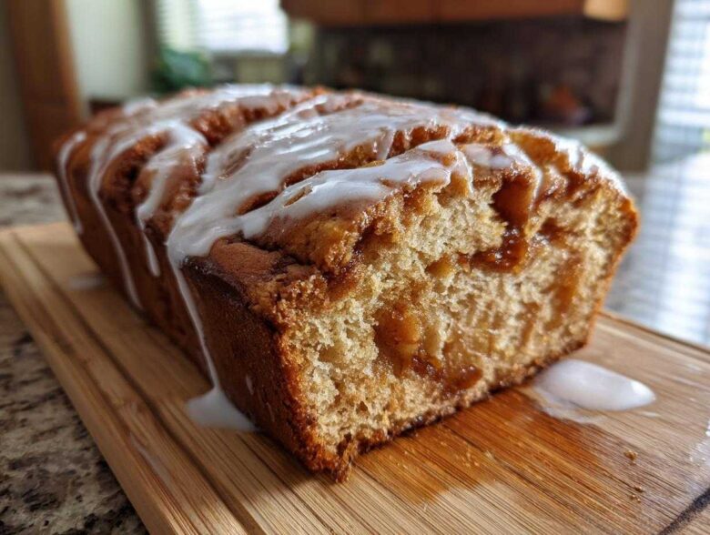 Close-up of a loaf of freshly baked apple fritter bread, drizzled with white vanilla glaze.