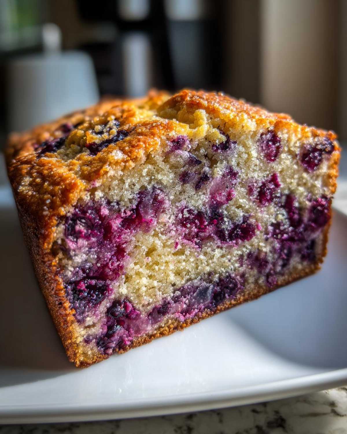Close-up of a moist slice of blueberry banana bread showing vibrant purple berries baked into the golden crumb.