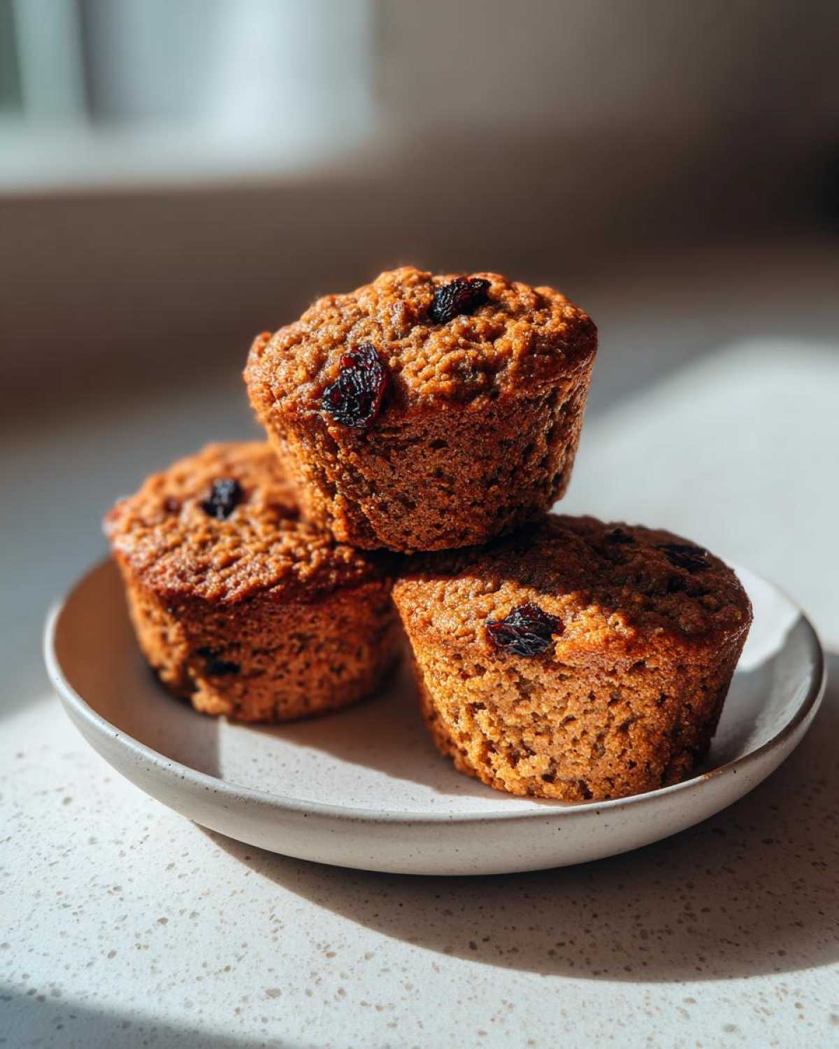 Three perfectly baked, moist bran muffins, studded with raisins, stacked on a small ceramic plate.
