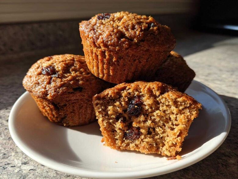 A stack of moist bran muffins, one broken open to show the texture and raisins inside.