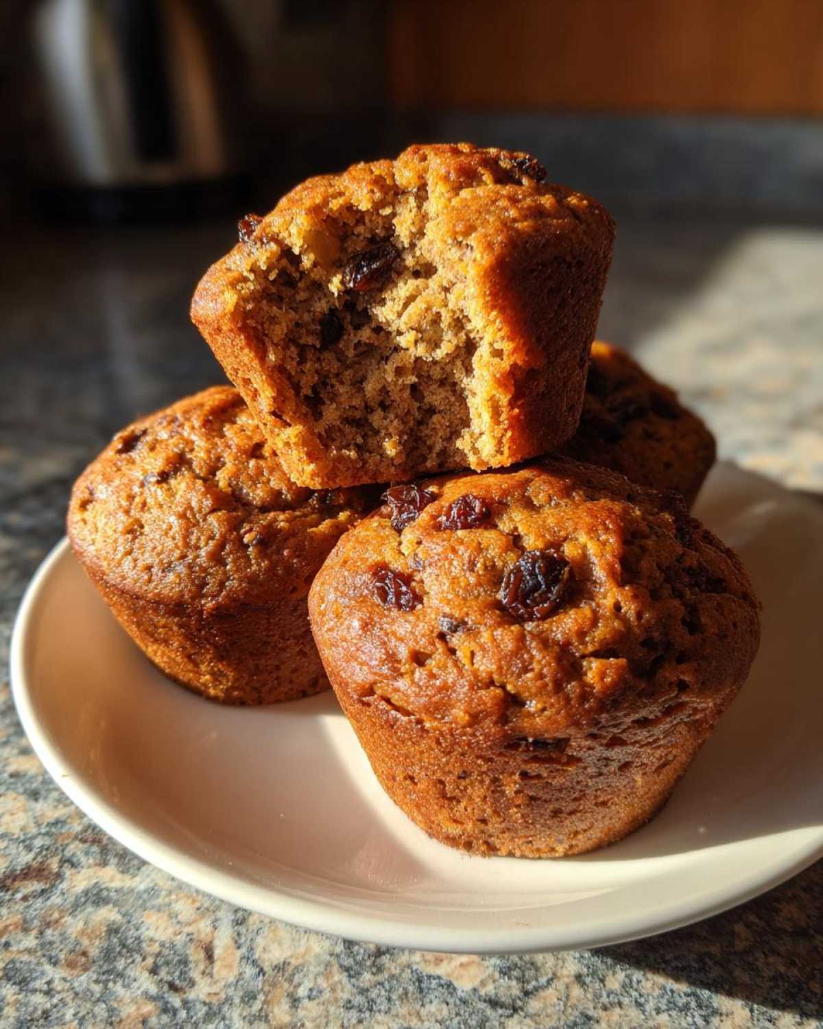 A stack of three moist bran muffins, one bitten into, showing the texture and raisins inside.