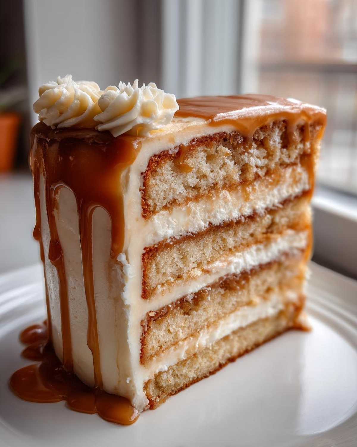 A tall, moist slice of caramel cake with four layers of sponge, white frosting, and a rich caramel drip glaze.