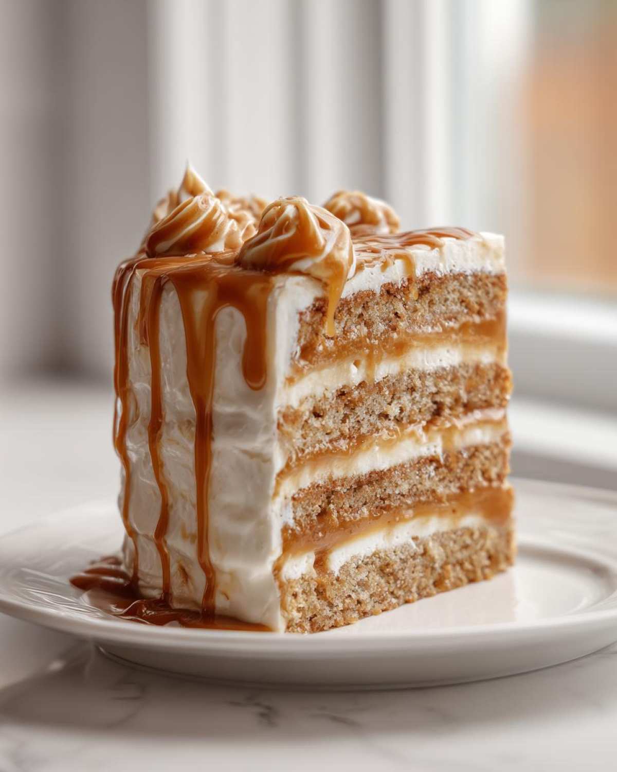 A tall, moist slice of layered caramel cake with white frosting and a rich caramel drip.