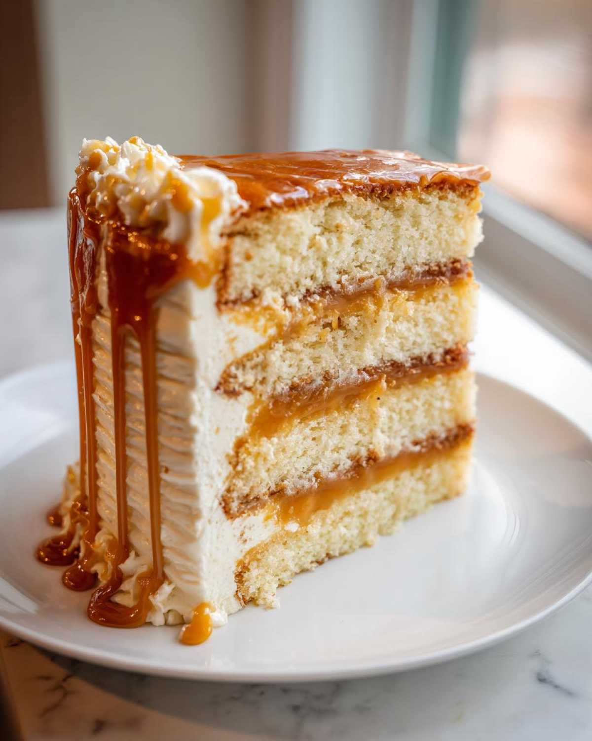 A tall, moist slice of caramel cake with three layers of sponge, filled and topped with rich caramel sauce and white frosting.