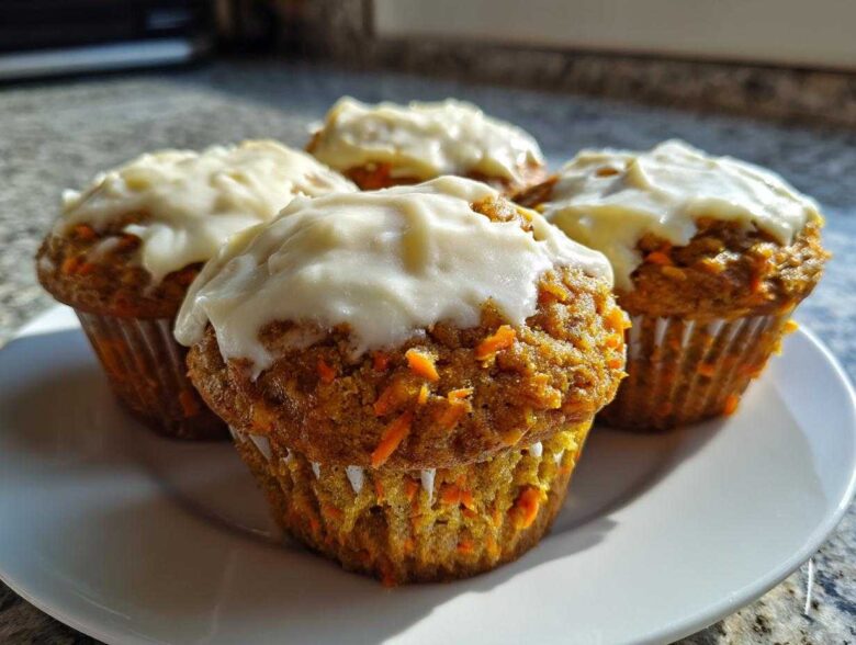 Four moist carrot cake muffins topped with thick cream cheese frosting, displayed on a white plate.