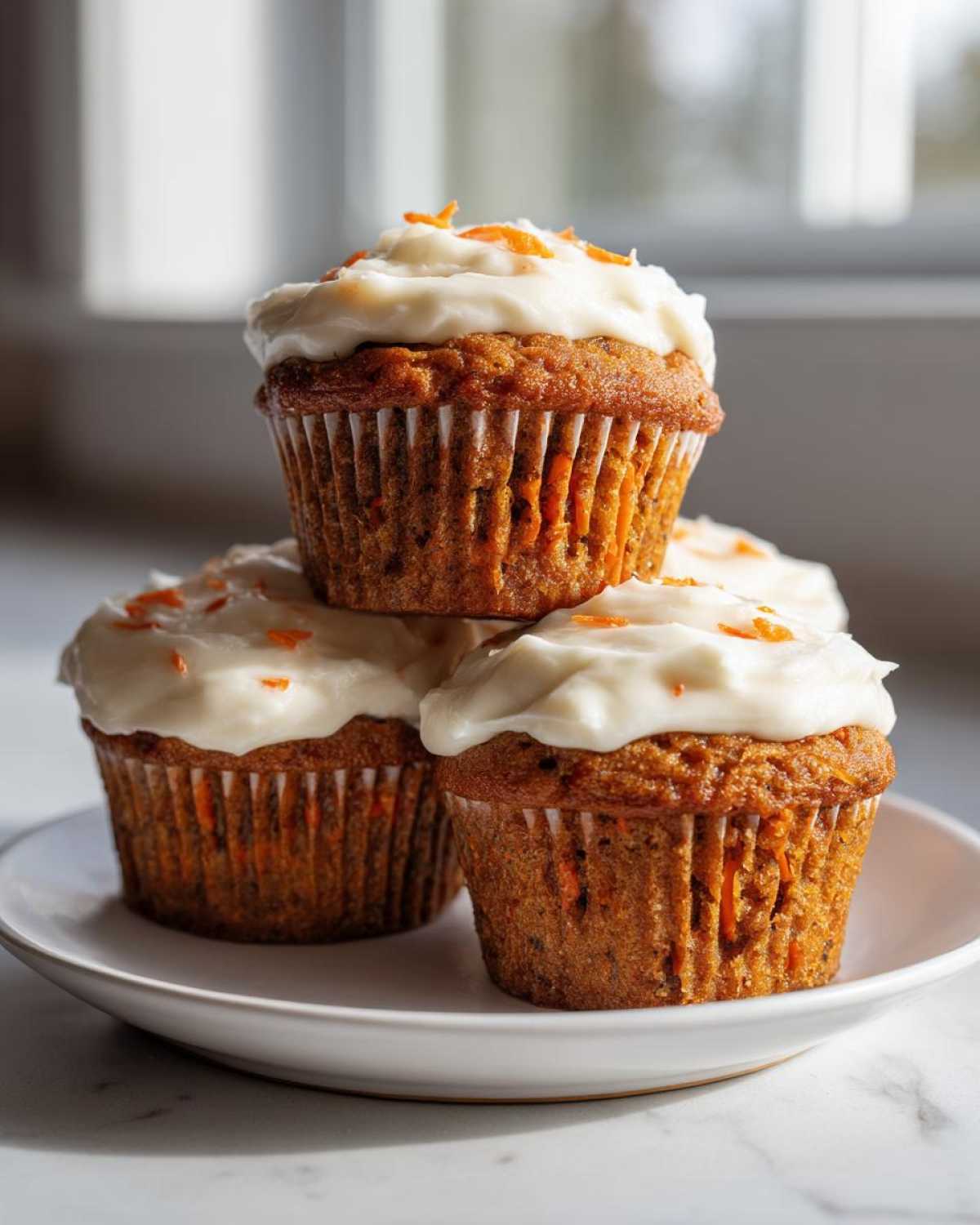 A stack of three moist carrot cake muffins topped with thick cream cheese frosting and shredded carrots.