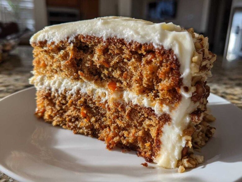Close-up of a thick slice of moist carrot cake recipe with cream cheese frosting and chopped nuts.