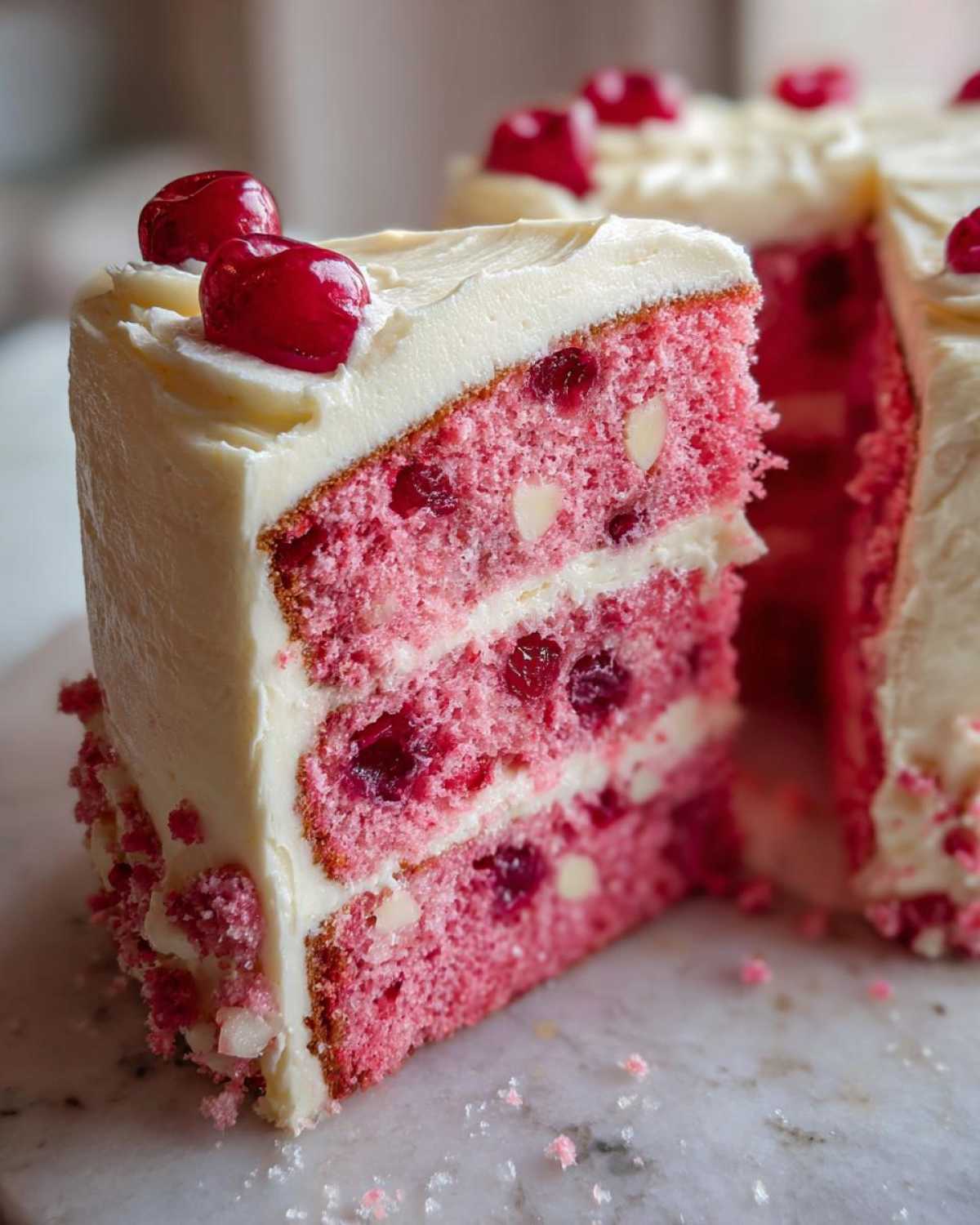 Close-up of a slice of moist, pink cherry cake layered with white frosting and whole cherries on top.
