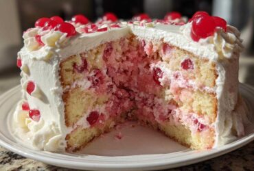 A slice removed from a moist cherry cake showing layers of yellow cake, pink cherry filling, and white frosting, topped with maraschino cherries.