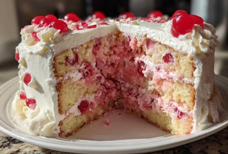A slice removed from a moist cherry cake showing layers of yellow cake, pink cherry filling, and white frosting, topped with maraschino cherries.