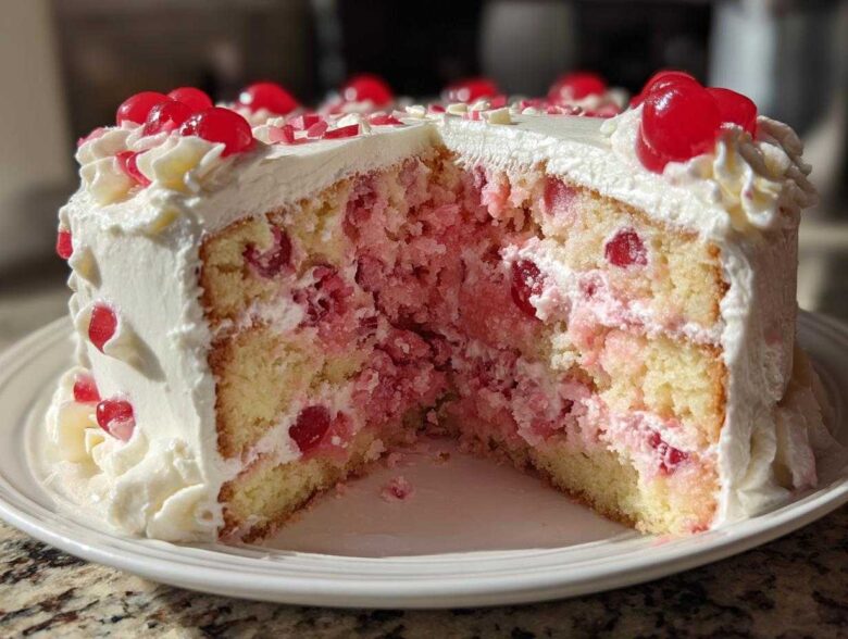 A slice removed from a moist cherry cake showing layers of yellow cake, pink cherry filling, and white frosting, topped with maraschino cherries.