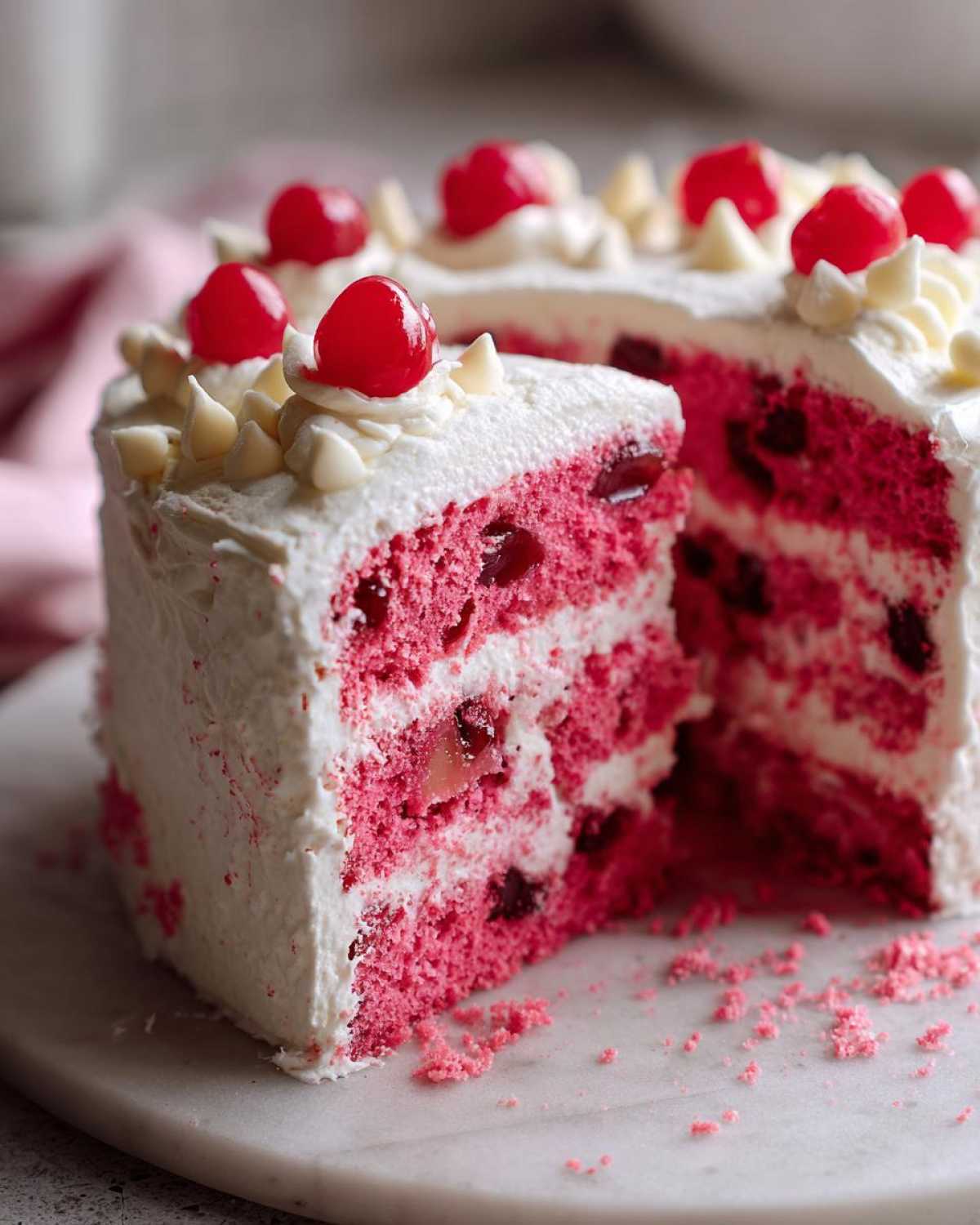 A slice cut from a vibrant pink Cherry Cake layered with white frosting and topped with maraschino cherries.