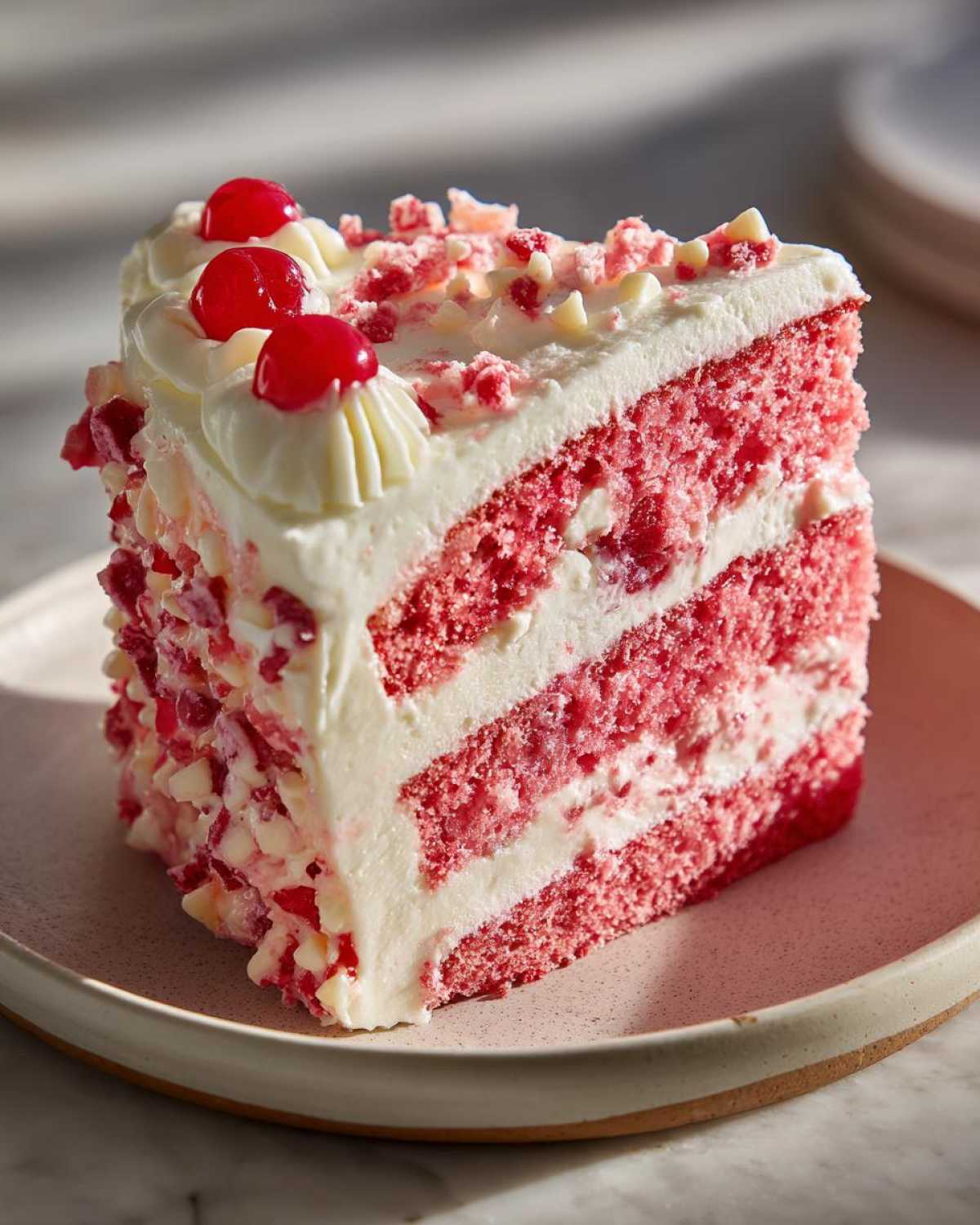 A generous slice of moist, pink layered cherry cake with white cream cheese frosting, topped with maraschino cherries.