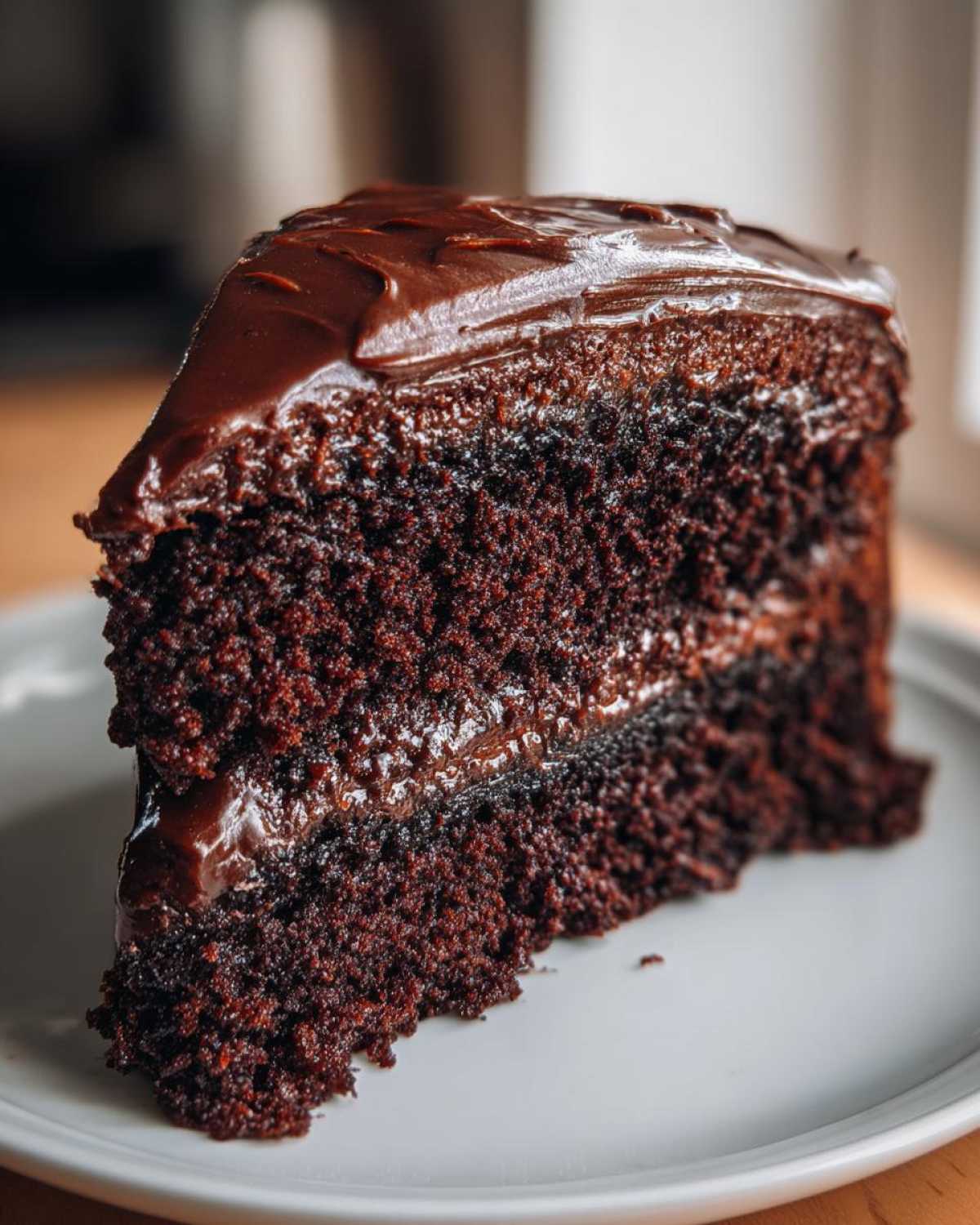 Close-up of a rich, moist slice of dark chocolate cake recipe with glossy chocolate frosting.