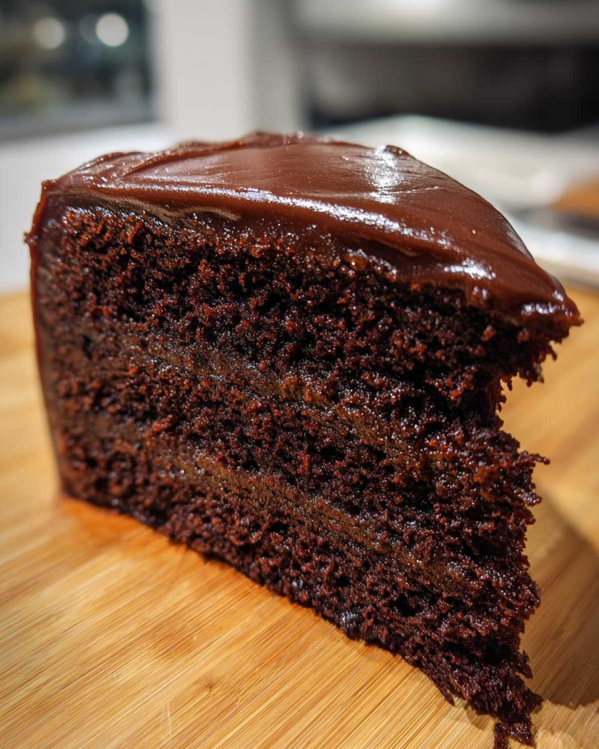 Close-up of a rich, moist slice from the chocolate cake recipe, topped with shiny dark chocolate ganache.