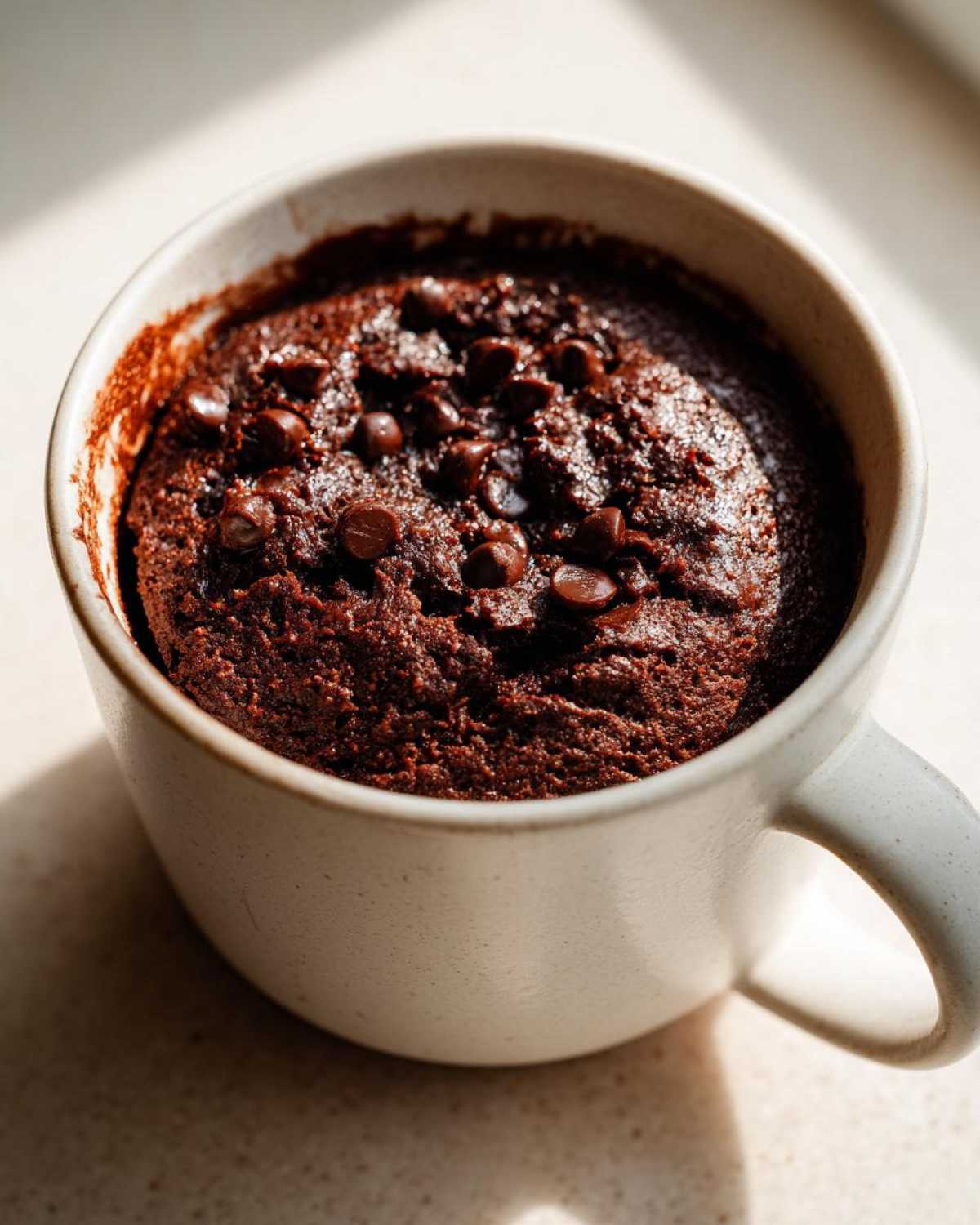 Close-up of a rich, dark chocolate chip mug cake baked inside a light-colored ceramic mug.