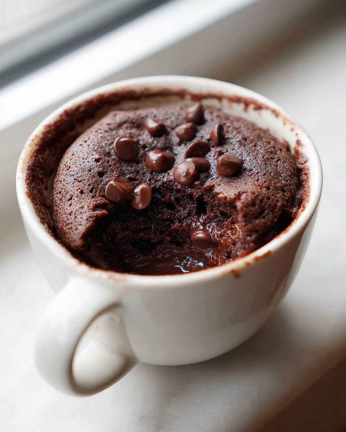 Close-up of a freshly baked chocolate chip mug cake with a gooey, molten center.