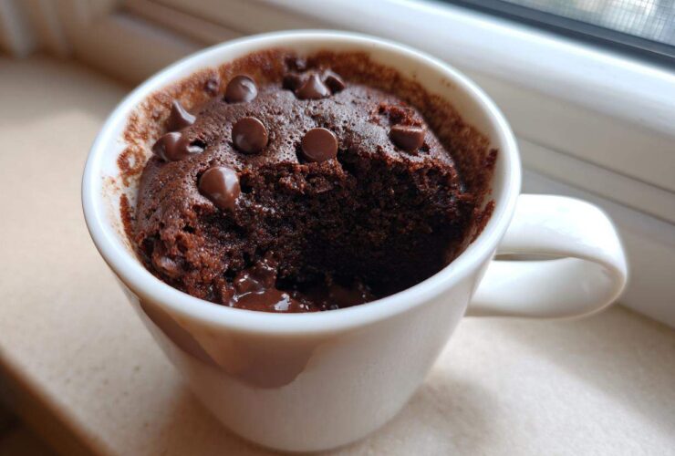Close-up of a moist chocolate mug cake topped with chocolate chips, ready to eat.